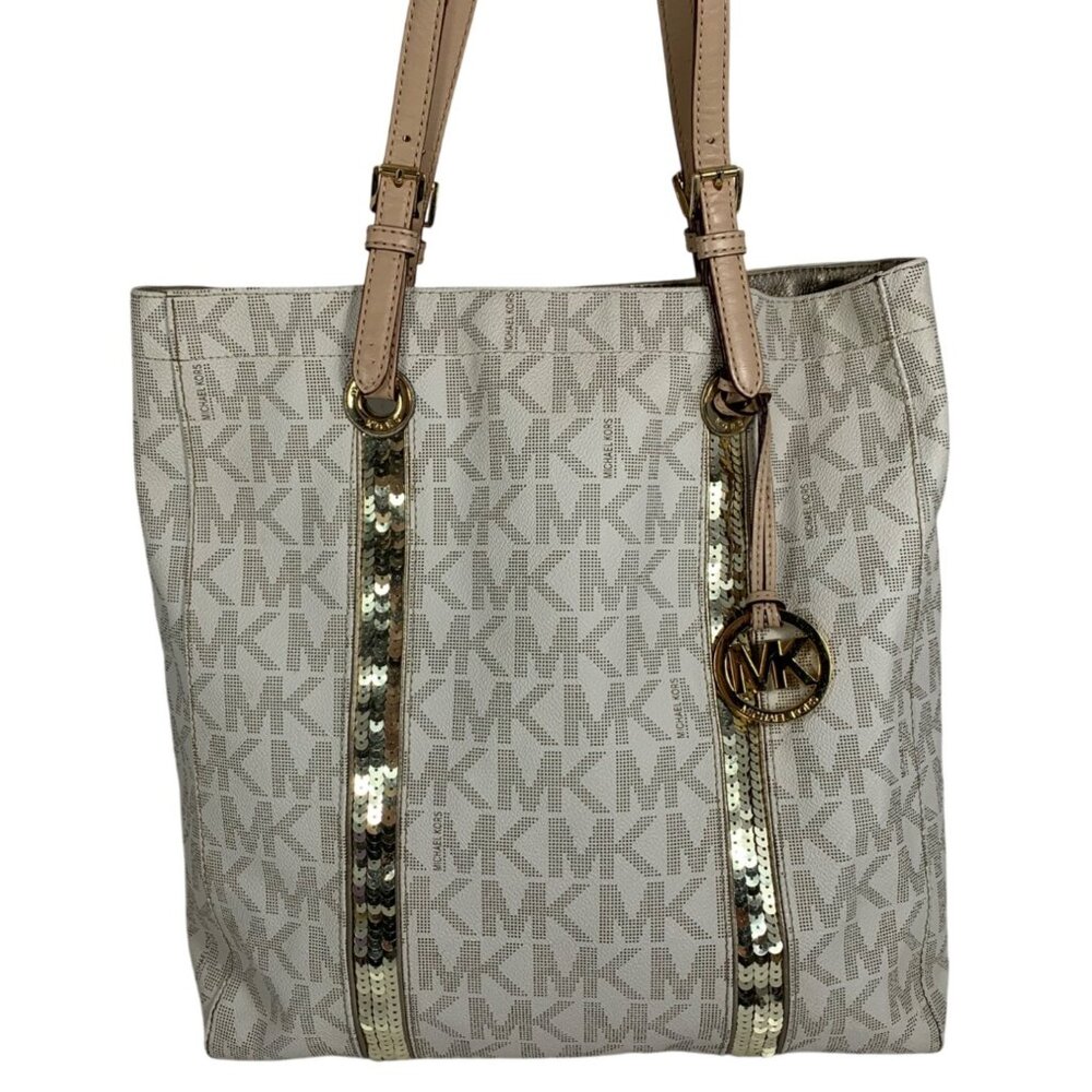 MICHAEL KORS Large Shopper Tote Purse Beige/Gold Sequin Striped + Charm